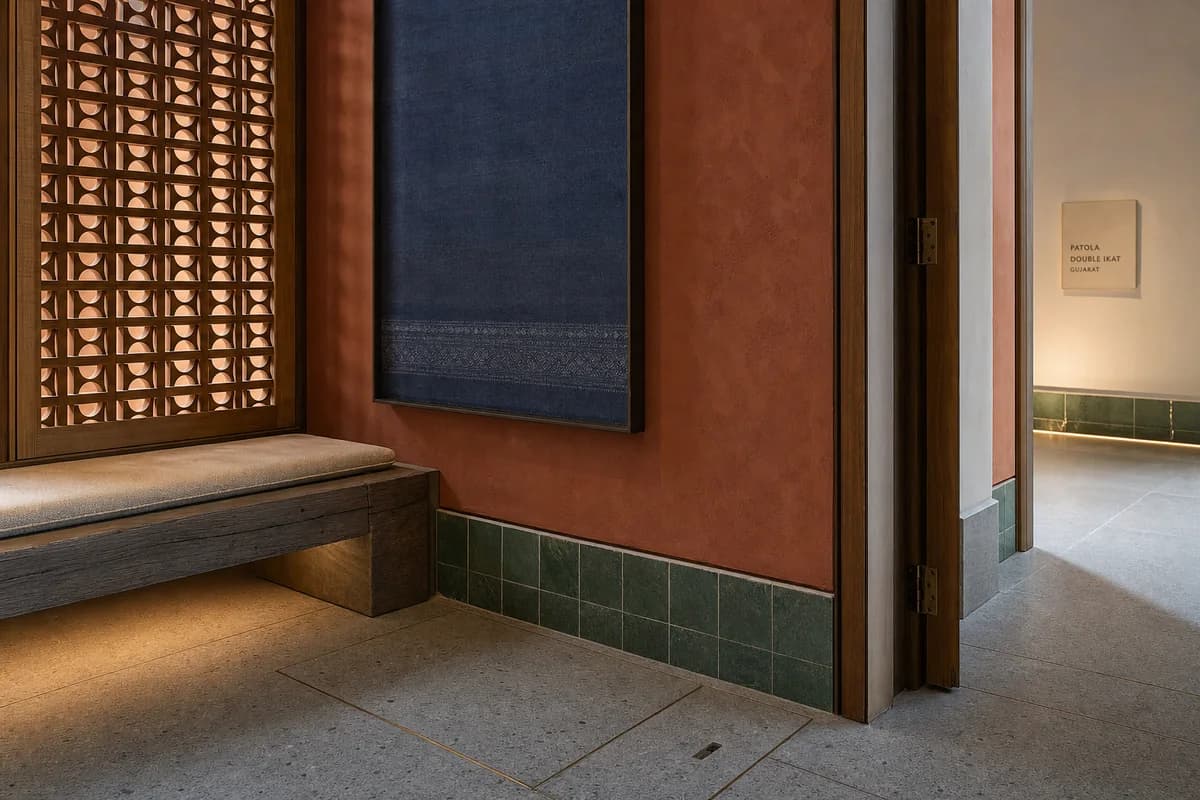 Unoccupied colorful Ahmedabad textile gallery detail with teak lattice, indigo textile, green ceramic, and warm filtered light.