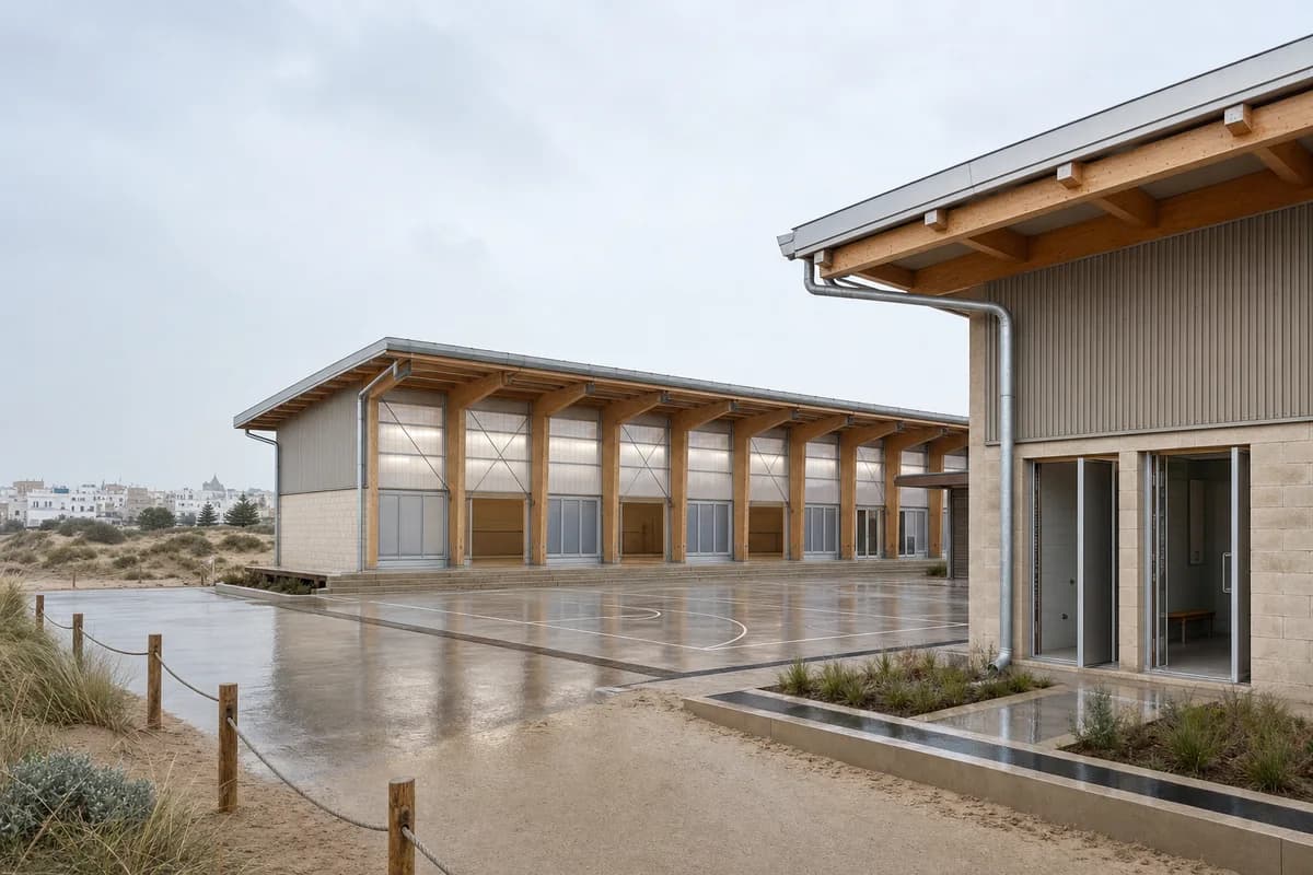 Unoccupied timber and masonry recreation pavilion forming a sheltered court beside coastal dunes.