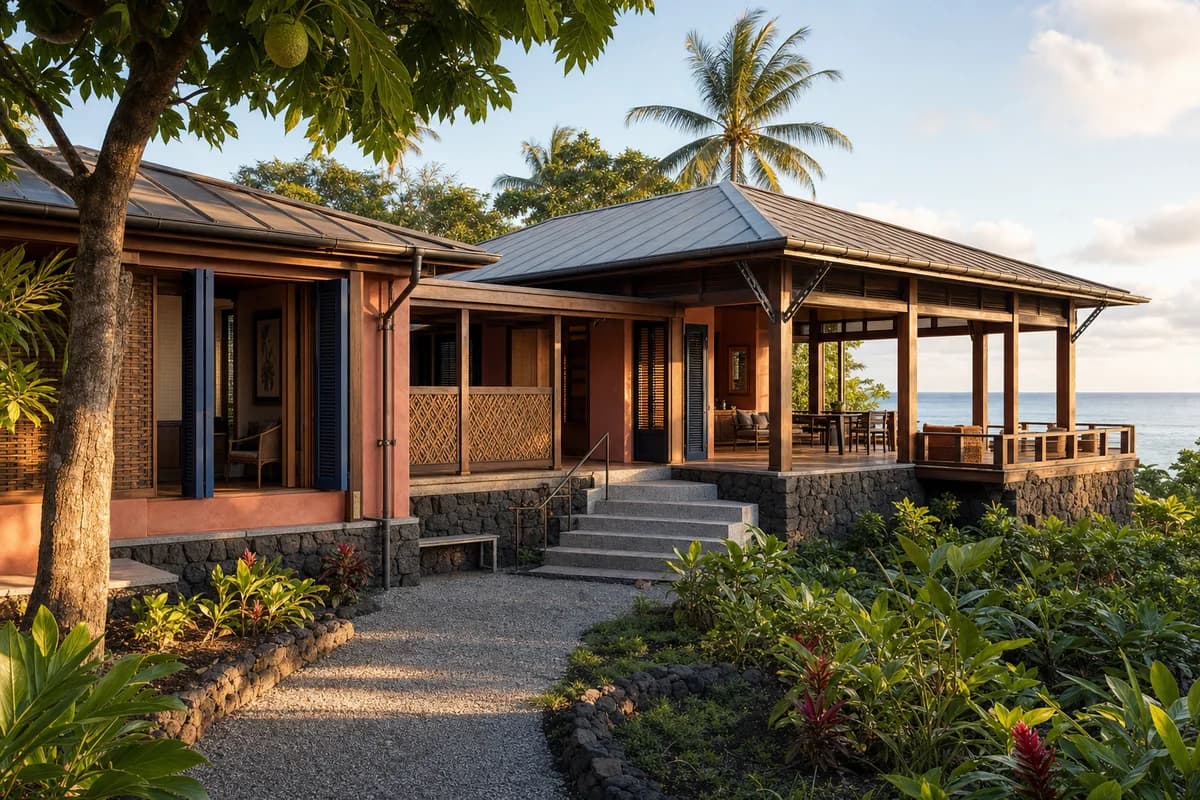 Unoccupied colorful Apia coastal villa with lava stone, coral plaster, and indigo shutters in warm golden-hour light.