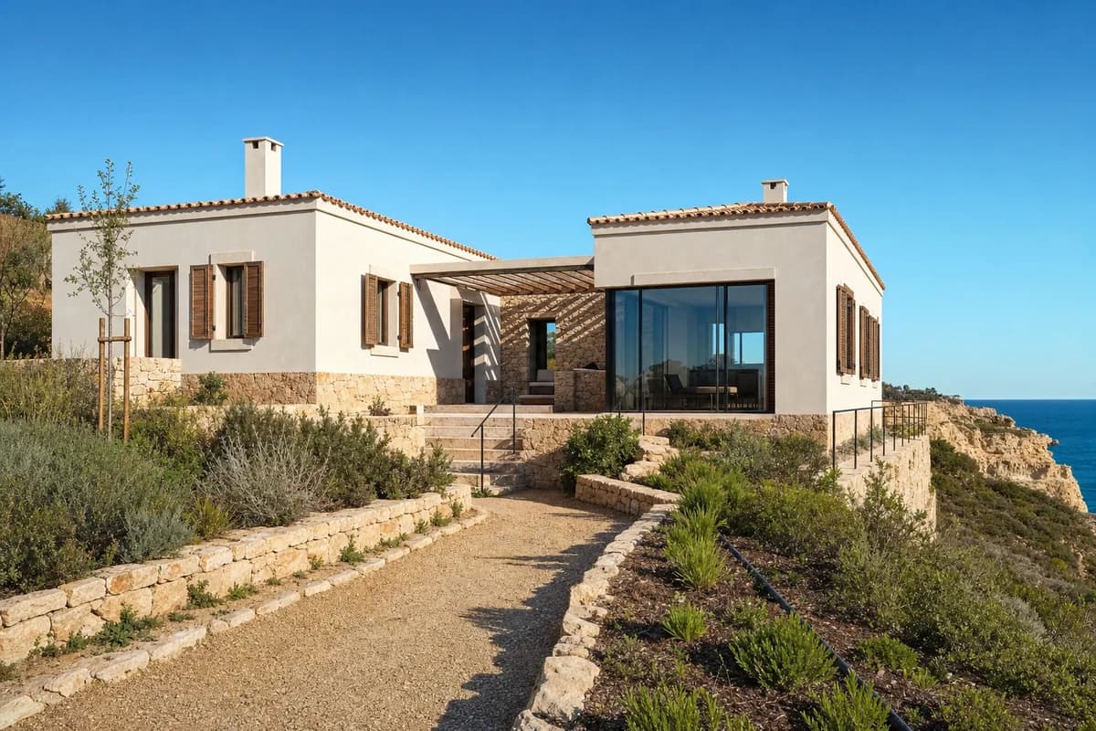 Bright sunny Algarve cliff house beneath a clear blue sky with warm direct sunlight and crisp loggia shadows.