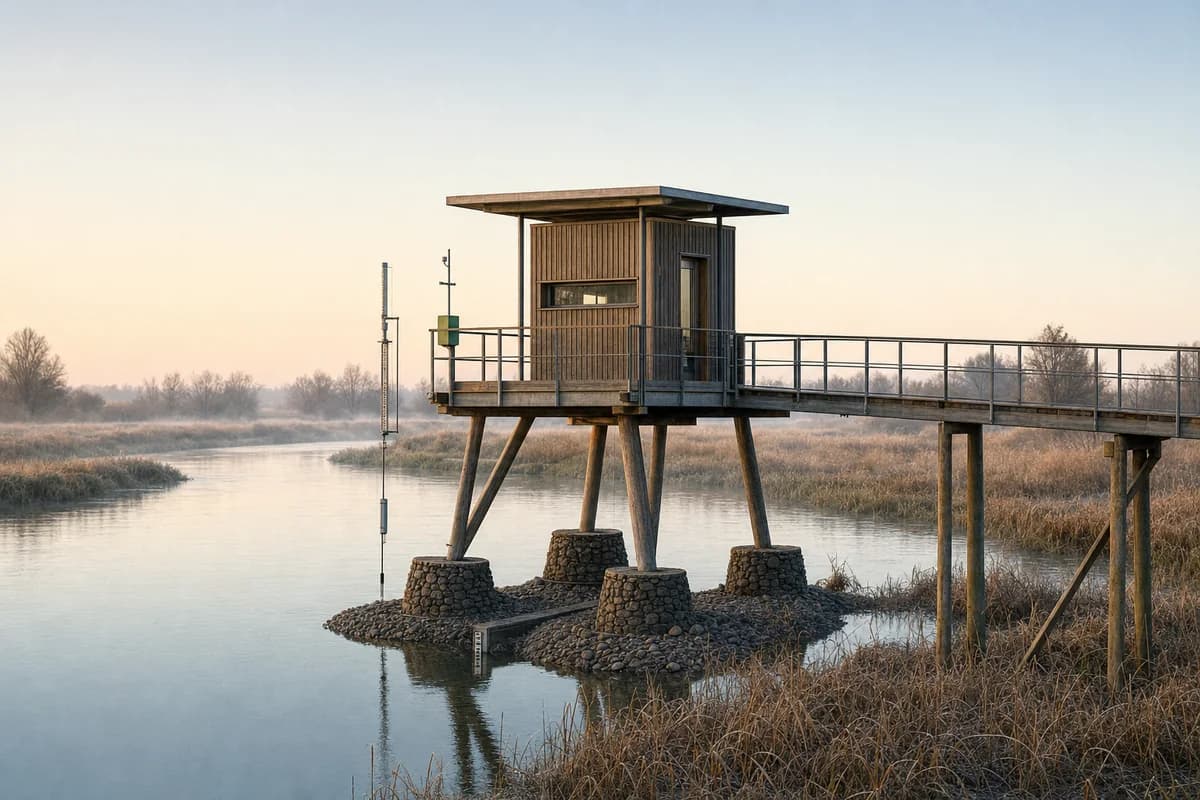 Timber river observatory on stone piers above a misty floodplain.