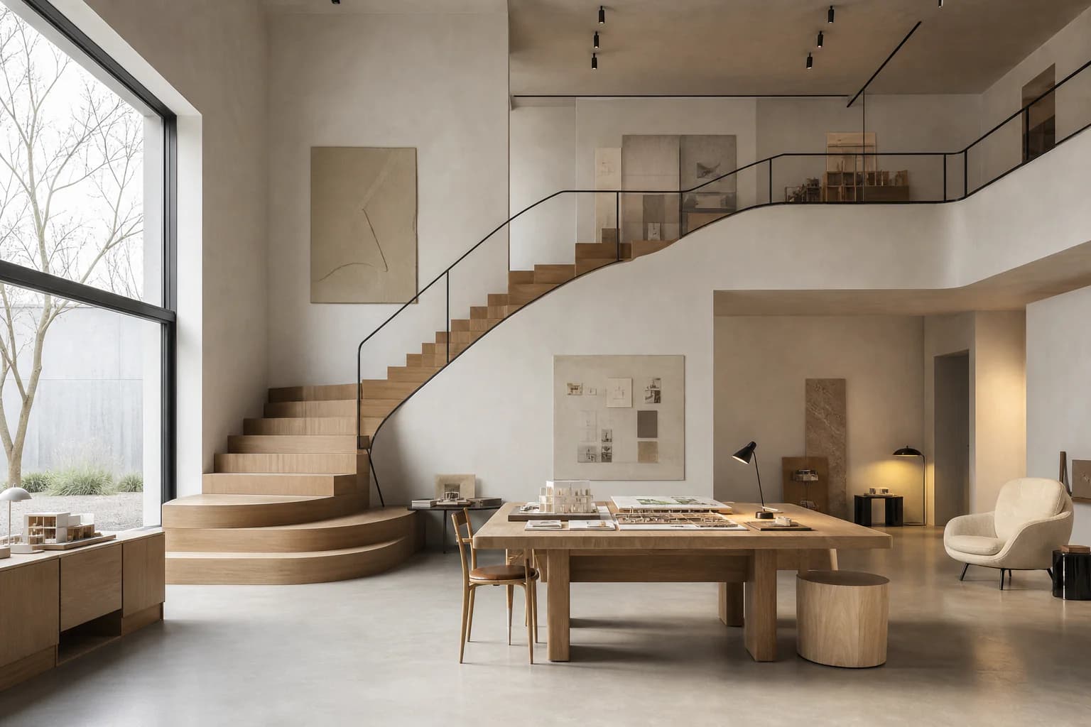 Photoreal render of a Nordic atelier stair, the kind of image Izometrix produces