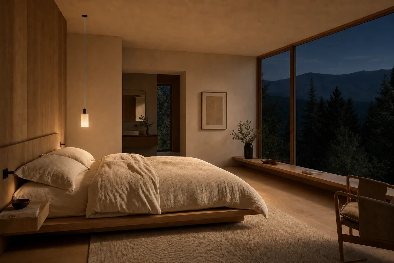 Nordic bedroom suite with warm lighting at night