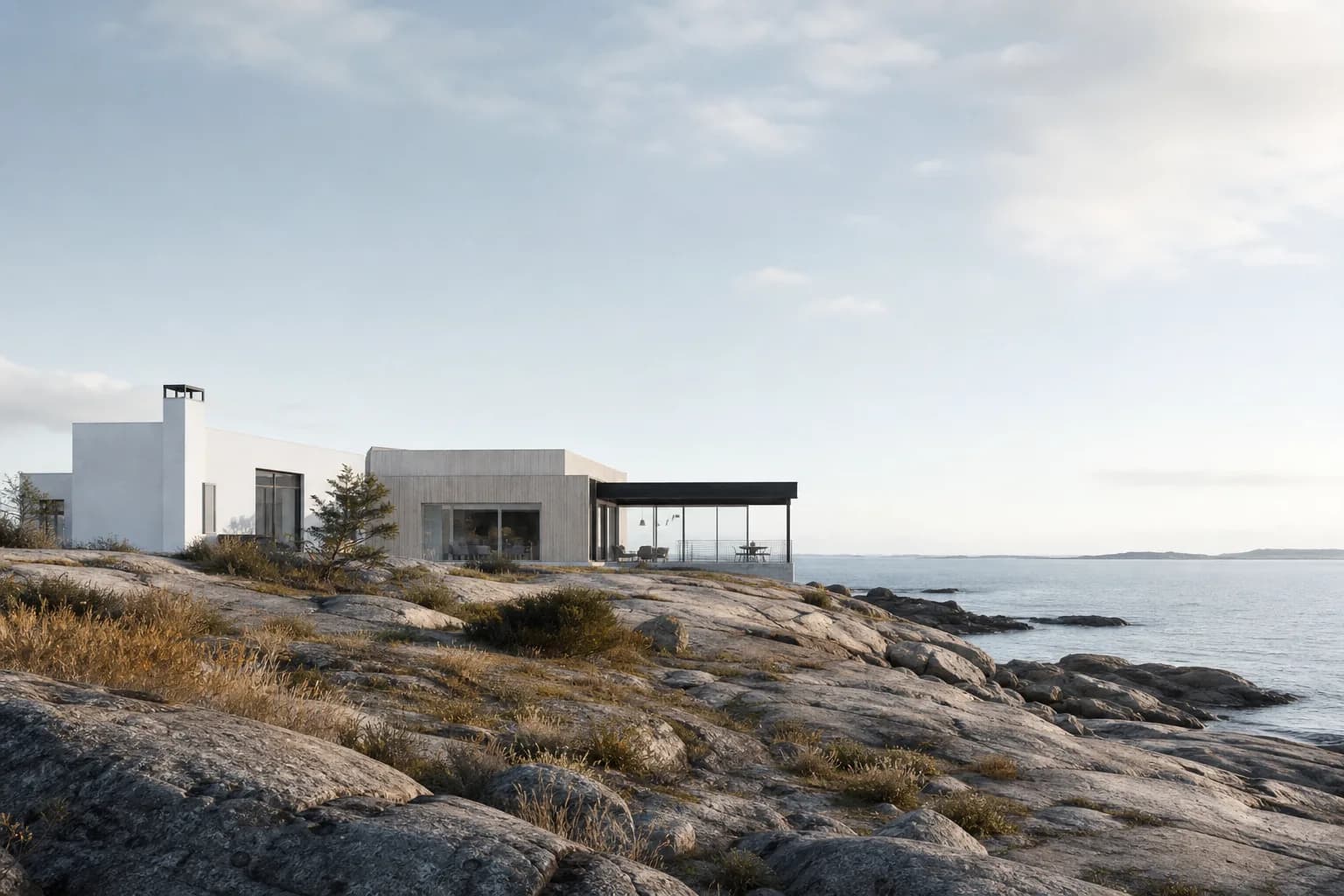 Nordic coastal house rendered in clear daylight