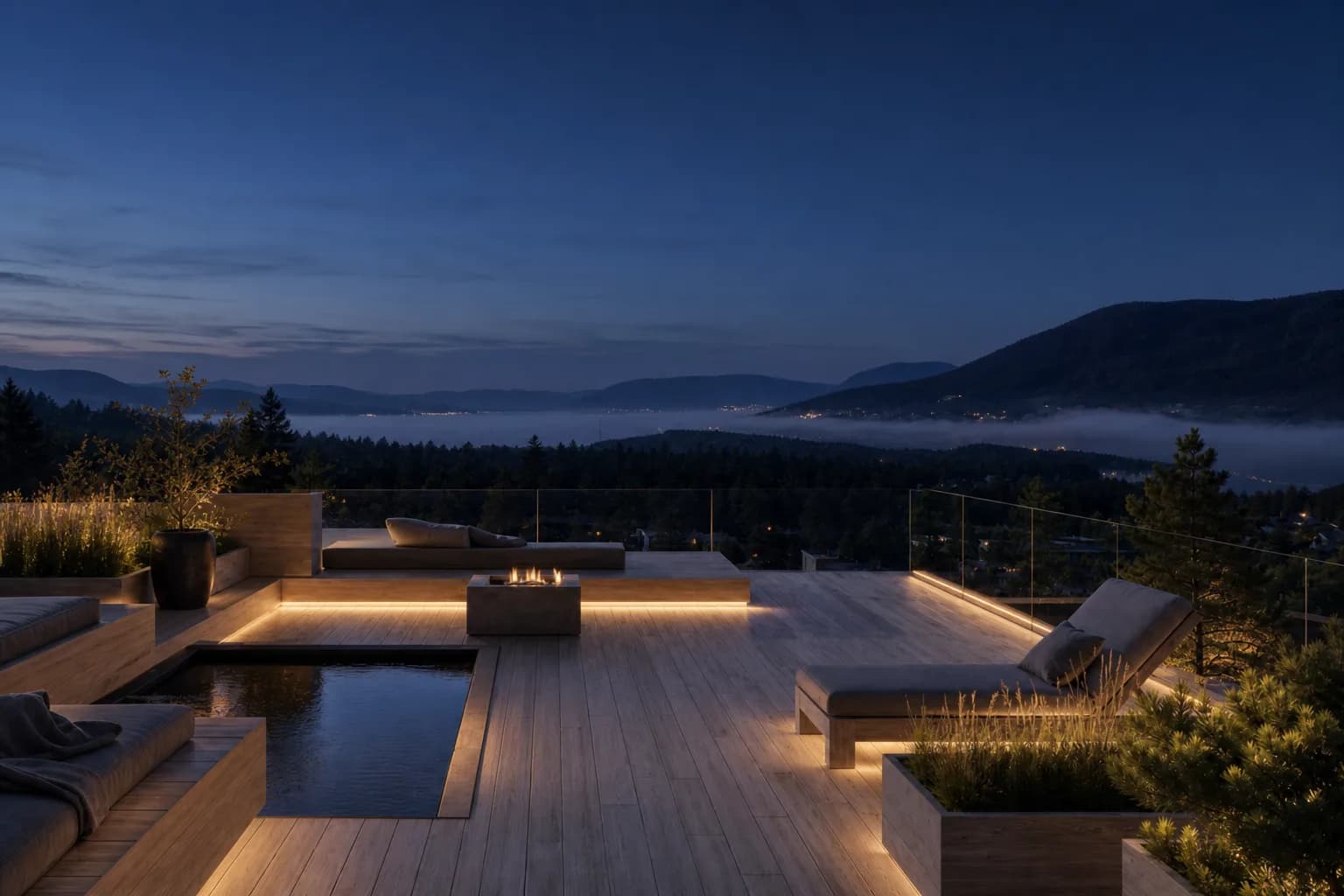 Nordic rooftop terrace overlooking the water at night