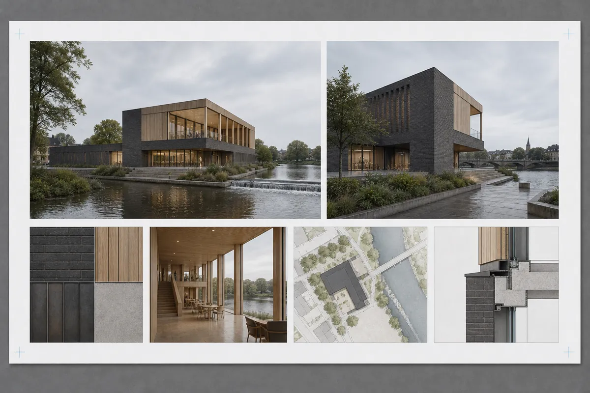 A composed architecture presentation board ready for review